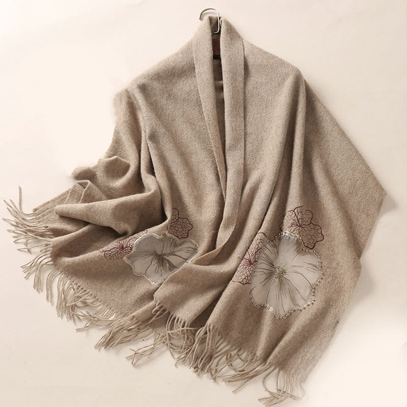 Mythstone Wool Shawl Lotus Leaf Embroidery Tassel Winter Cozy Travel Scarf Wrap