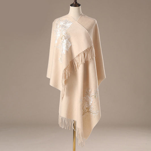 Mythstone Wool Shawl White Flower Embroidery Tassel Winter Cozy Travel Scarf Wrap