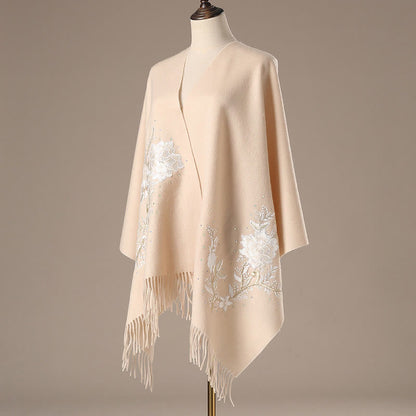 Mythstone Wool Shawl White Flower Embroidery Tassel Winter Cozy Travel Scarf Wrap