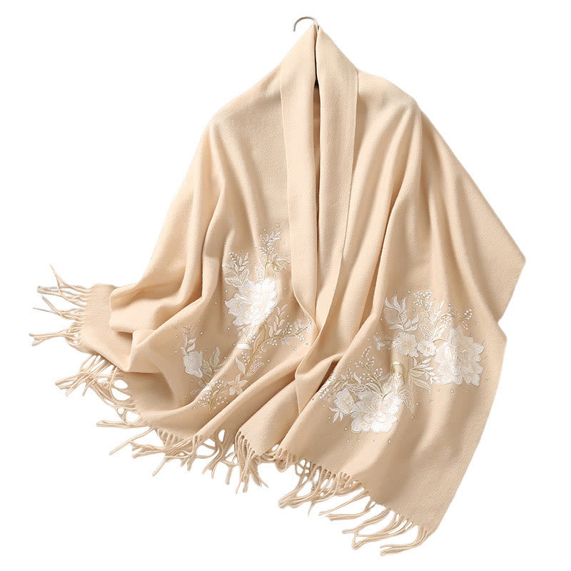 Mythstone Wool Shawl White Flower Embroidery Tassel Winter Cozy Travel Scarf Wrap