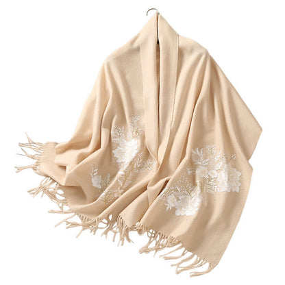 Mythstone Wool Shawl White Flower Embroidery Tassel Winter Cozy Travel Scarf Wrap