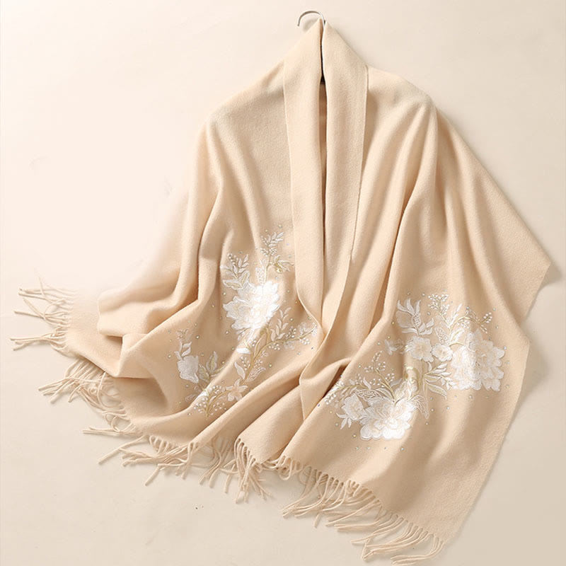 Mythstone Wool Shawl White Flower Embroidery Tassel Winter Cozy Travel Scarf Wrap