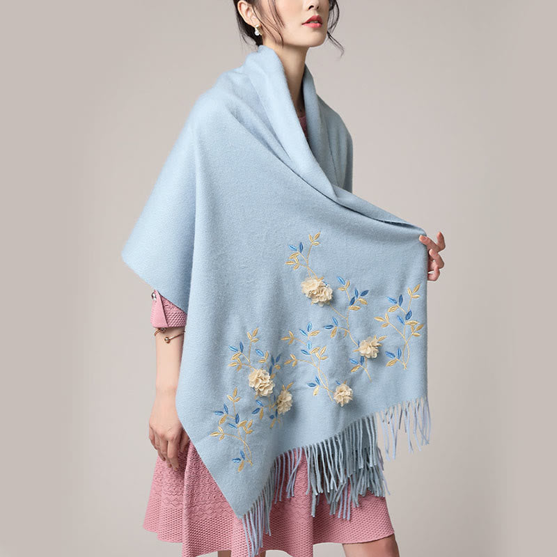 Mythstone Wool Shawl 3D Floral Embroidery Tassel Winter Cozy Travel Scarf Wrap