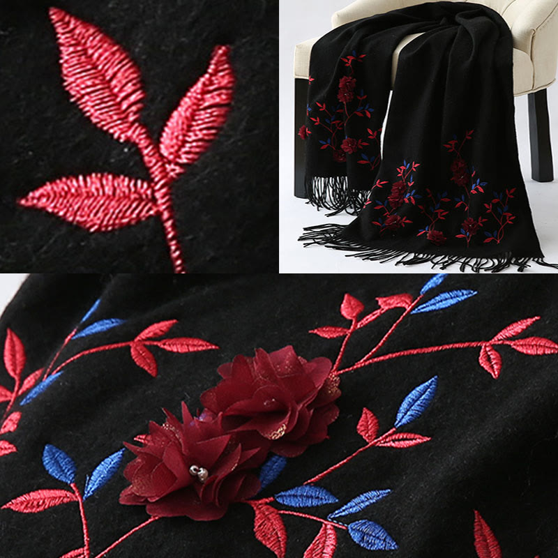 Mythstone Wool Shawl 3D Floral Embroidery Tassel Winter Cozy Travel Scarf Wrap