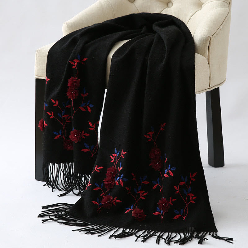 Mythstone Wool Shawl 3D Floral Embroidery Tassel Winter Cozy Travel Scarf Wrap