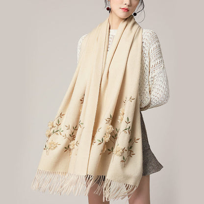 Mythstone Wool Shawl 3D Floral Embroidery Tassel Winter Cozy Travel Scarf Wrap