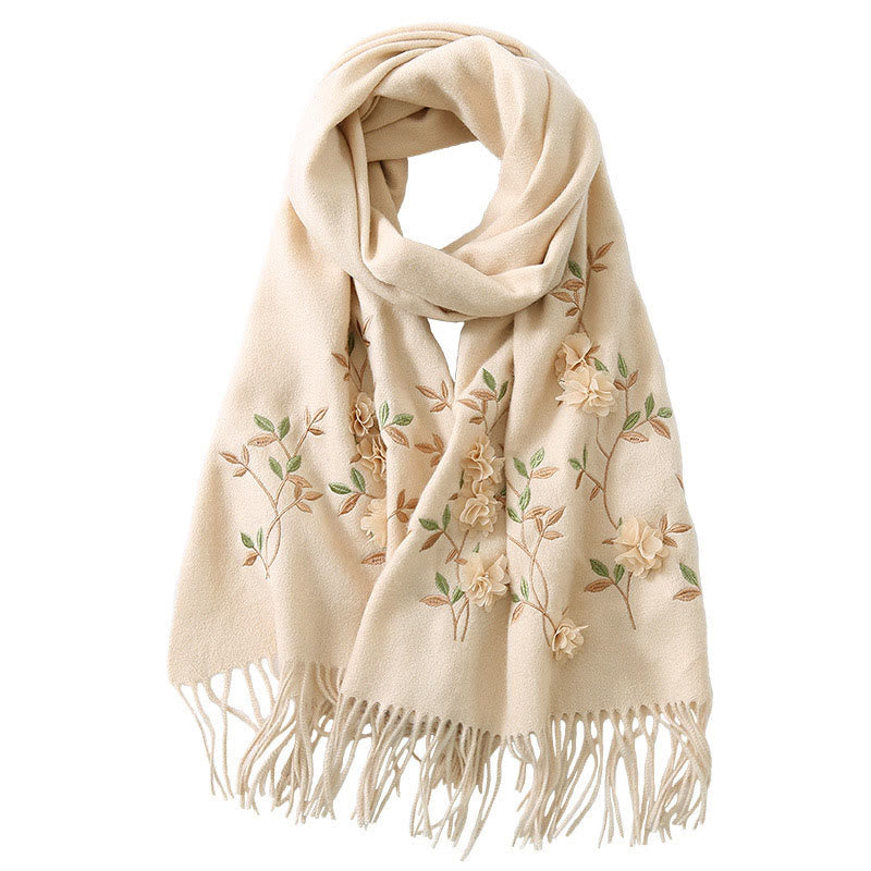 Mythstone Wool Shawl 3D Floral Embroidery Tassel Winter Cozy Travel Scarf Wrap