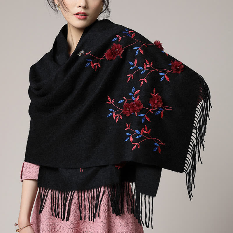 Mythstone Wool Shawl 3D Floral Embroidery Tassel Winter Cozy Travel Scarf Wrap