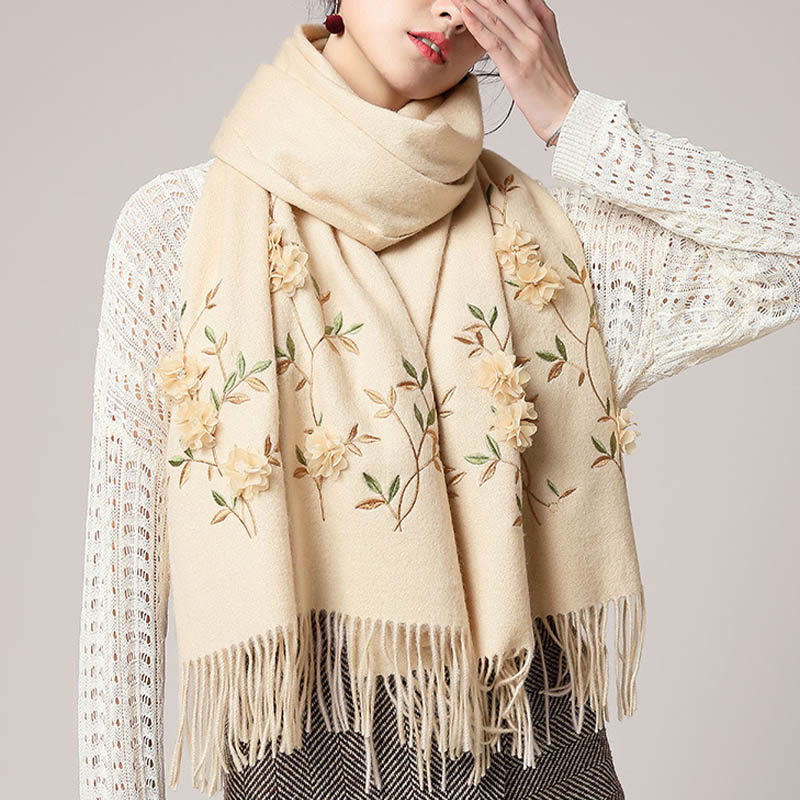 Mythstone Wool Shawl 3D Floral Embroidery Tassel Winter Cozy Travel Scarf Wrap