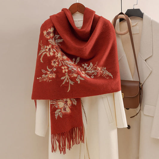 Mythstone Wool Shawl Red Flower Gold Sequins Embroidery Tassel Winter Cozy Travel Scarf Wrap