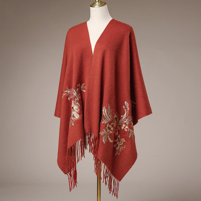 Mythstone Wool Shawl Red Flower Gold Sequins Embroidery Tassel Winter Cozy Travel Scarf Wrap