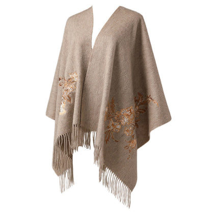 Mythstone Wool Shawl Red Flower Gold Sequins Embroidery Tassel Winter Cozy Travel Scarf Wrap