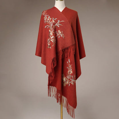 Mythstone Wool Shawl Red Flower Gold Sequins Embroidery Tassel Winter Cozy Travel Scarf Wrap