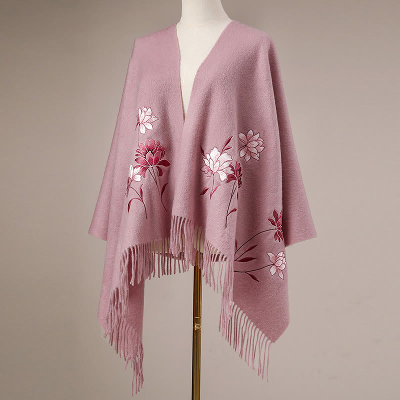 Mythstone Wool Shawl Pink Lotus Embroidery Tassel Winter Cozy Travel Scarf Wrap