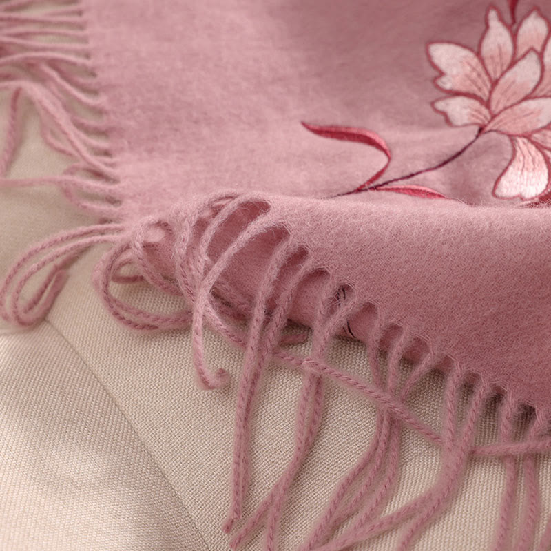 Mythstone Wool Shawl Pink Lotus Embroidery Tassel Winter Cozy Travel Scarf Wrap