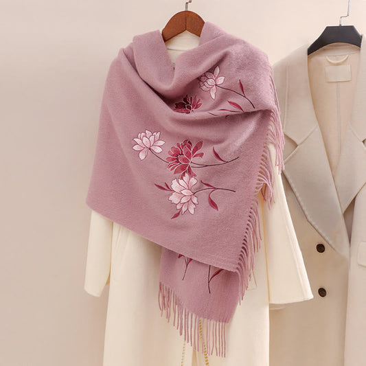 Mythstone Wool Shawl Pink Lotus Embroidery Tassel Winter Cozy Travel Scarf Wrap