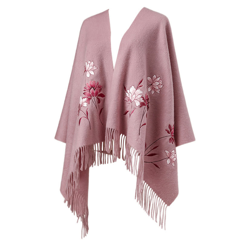 Mythstone Wool Shawl Pink Lotus Embroidery Tassel Winter Cozy Travel Scarf Wrap