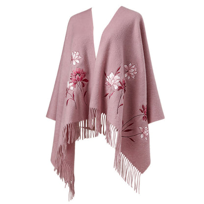 Mythstone Wool Shawl Pink Lotus Embroidery Tassel Winter Cozy Travel Scarf Wrap