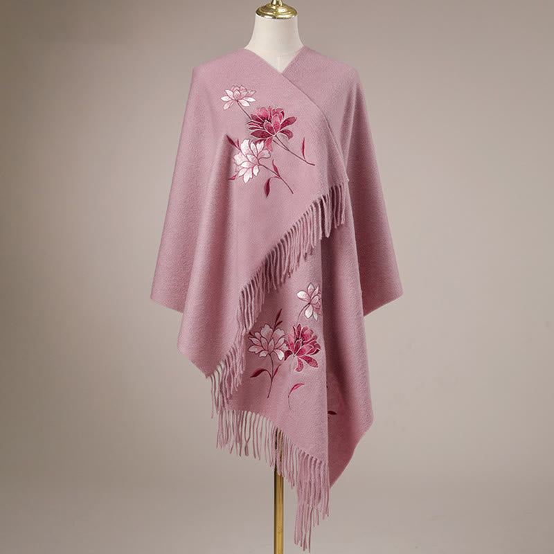 Mythstone Wool Shawl Pink Lotus Embroidery Tassel Winter Cozy Travel Scarf Wrap