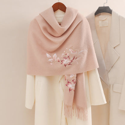 Mythstone Wool Shawl Pink White Flower Embroidery Tassel Winter Cozy Travel Scarf Wrap