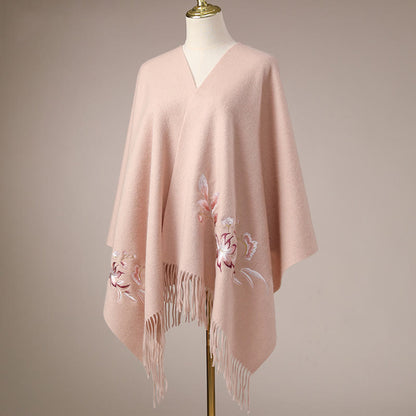 Mythstone Wool Shawl Pink White Flower Embroidery Tassel Winter Cozy Travel Scarf Wrap