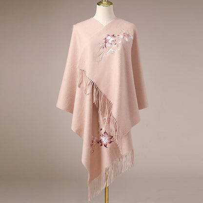 Mythstone Wool Shawl Pink White Flower Embroidery Tassel Winter Cozy Travel Scarf Wrap