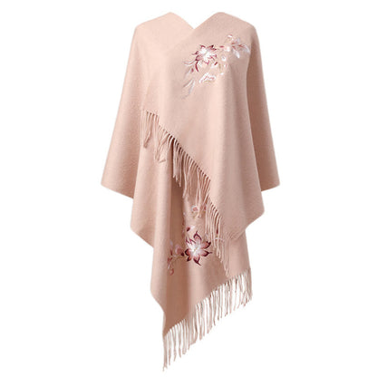 Mythstone Wool Shawl Pink White Flower Embroidery Tassel Winter Cozy Travel Scarf Wrap