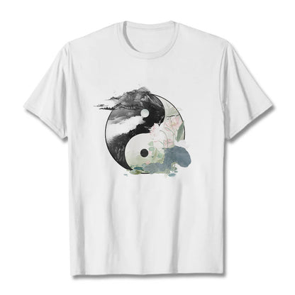 Mythstone Yin Yang Lotus Leaf Ink Painting Cotton Tee T-shirt