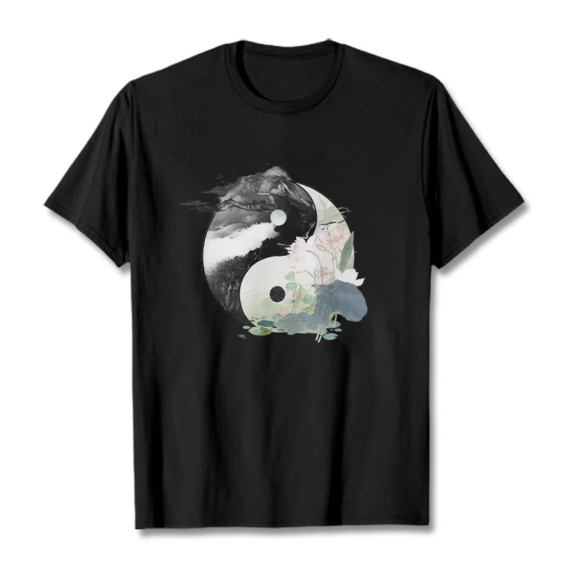 Mythstone Yin Yang Lotus Leaf Ink Painting Cotton Tee T-shirt