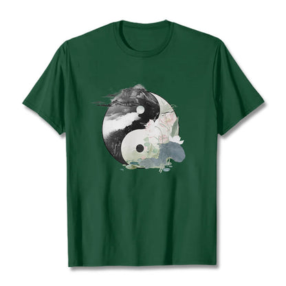 Mythstone Yin Yang Lotus Leaf Ink Painting Cotton Tee T-shirt