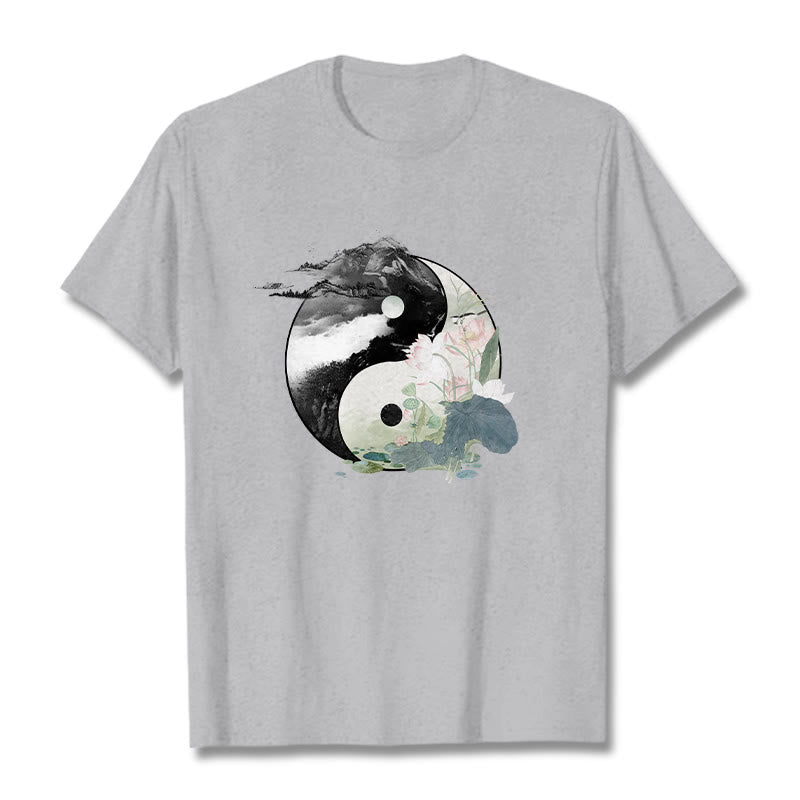 Mythstone Yin Yang Lotus Leaf Ink Painting Cotton Tee T-shirt