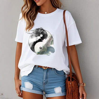 Mythstone Yin Yang Lotus Leaf Ink Painting Cotton Tee T-shirt