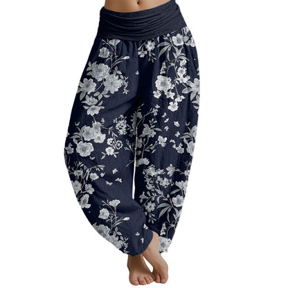 Pantalones harén de cintura elástica para mujer con estampado floral bohemio de verano Mythstone 