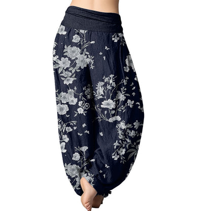 Pantalones harén de cintura elástica para mujer con estampado floral bohemio de verano Mythstone 