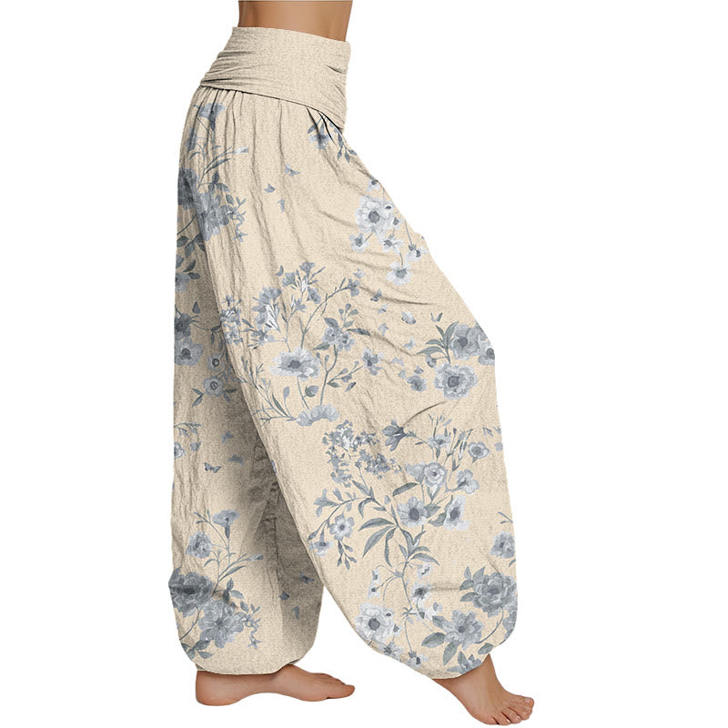 Pantalones harén de cintura elástica para mujer con estampado floral bohemio de verano Mythstone 