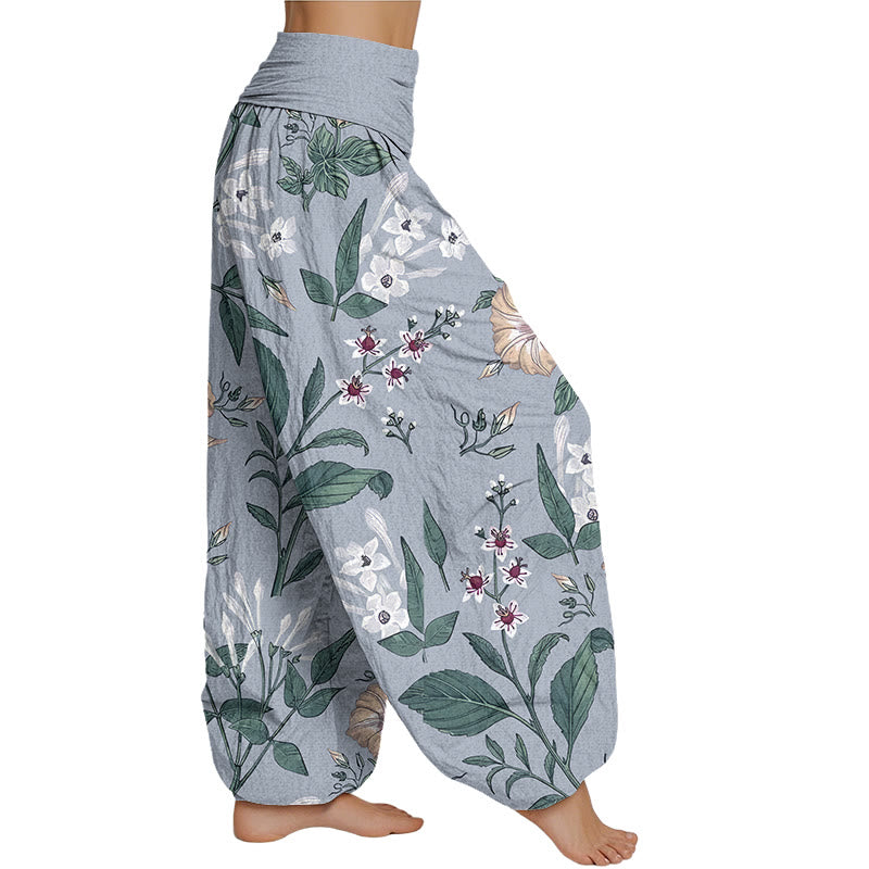 Pantalones harén con cintura elástica para mujer con estampado de flores y plantas de Mythstone 