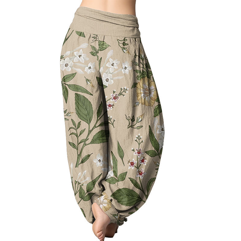 Pantalones harén con cintura elástica para mujer con estampado de flores y plantas de Mythstone 