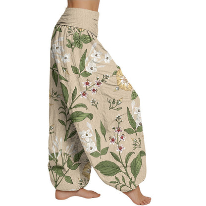 Pantalones harén con cintura elástica para mujer con estampado de flores y plantas de Mythstone 