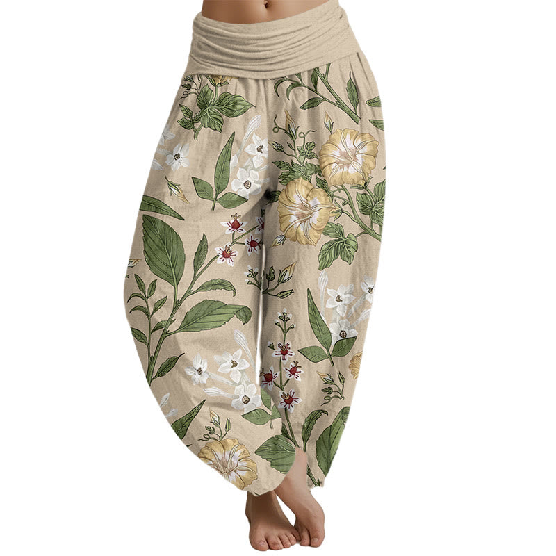 Pantalones harén con cintura elástica para mujer con estampado de flores y plantas de Mythstone 