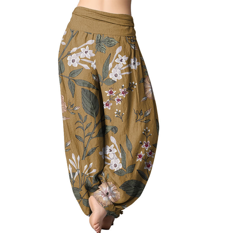 Pantalones harén con cintura elástica para mujer con estampado de flores y plantas de Mythstone 