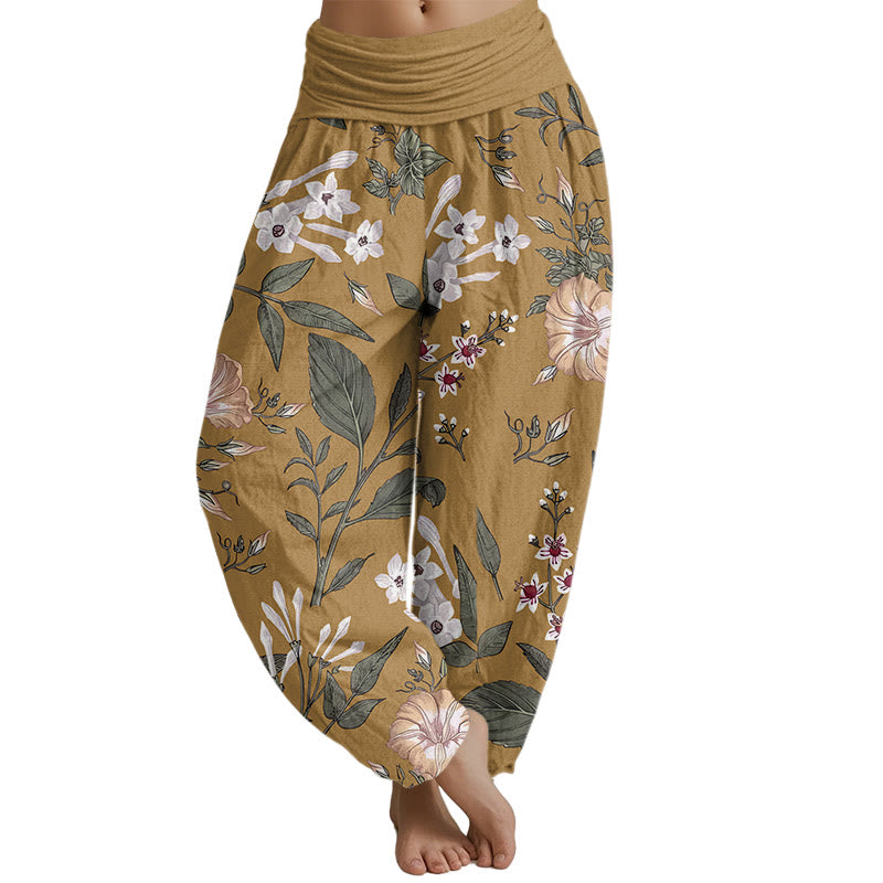 Pantalones harén con cintura elástica para mujer con estampado de flores y plantas de Mythstone 