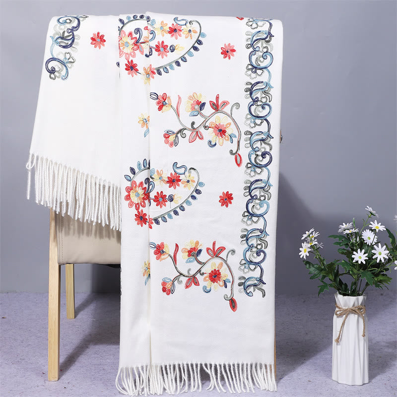 Mythstone Polyester Shawl Colorful Flower Ethnic Style Embroidery Tassel Winter Cozy Travel Scarf Wrap