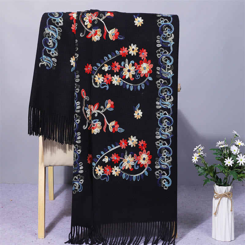 Mythstone Polyester Shawl Colorful Flower Ethnic Style Embroidery Tassel Winter Cozy Travel Scarf Wrap