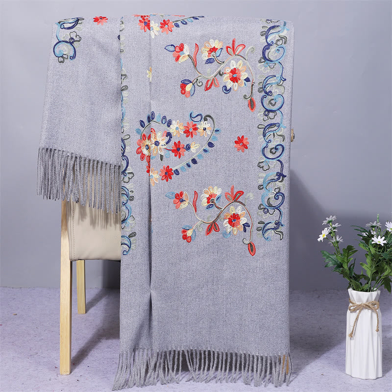 Mythstone Polyester Shawl Colorful Flower Ethnic Style Embroidery Tassel Winter Cozy Travel Scarf Wrap