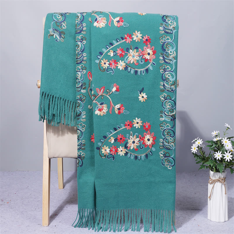 Mythstone Polyester Shawl Colorful Flower Ethnic Style Embroidery Tassel Winter Cozy Travel Scarf Wrap