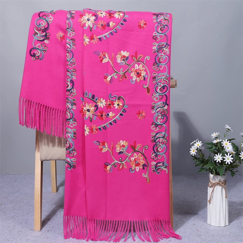 Mythstone Polyester Shawl Colorful Flower Ethnic Style Embroidery Tassel Winter Cozy Travel Scarf Wrap