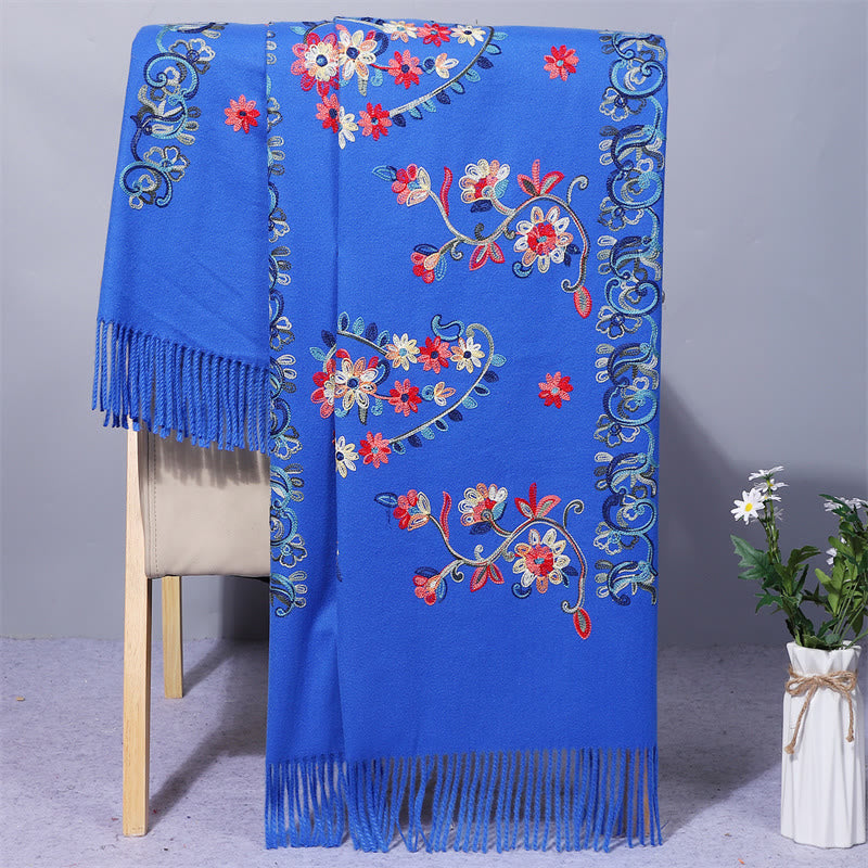 Mythstone Polyester Shawl Colorful Flower Ethnic Style Embroidery Tassel Winter Cozy Travel Scarf Wrap