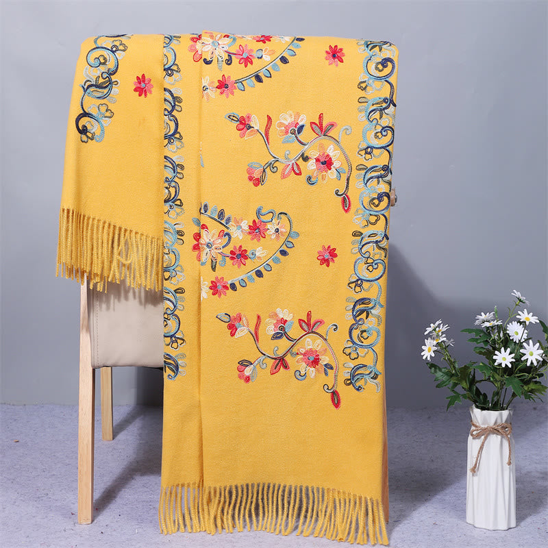 Mythstone Polyester Shawl Colorful Flower Ethnic Style Embroidery Tassel Winter Cozy Travel Scarf Wrap