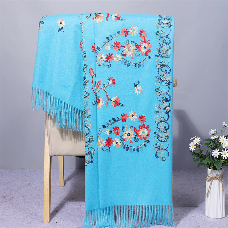 Mythstone Polyester Shawl Colorful Flower Ethnic Style Embroidery Tassel Winter Cozy Travel Scarf Wrap