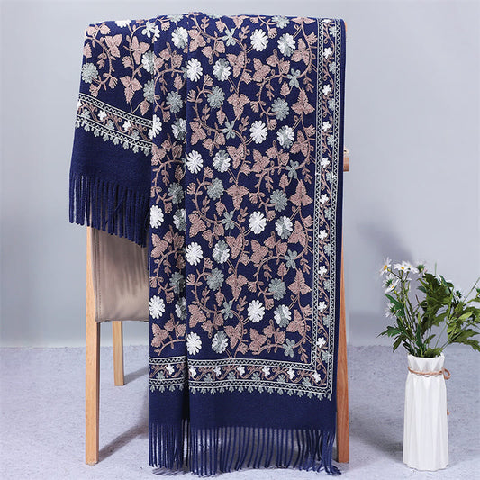 Mythstone Polyester Shawl Cashew Flowers Embroidery Tassel Winter Cozy Travel Scarf Wrap